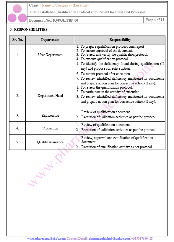 INSTALLATION QUALIFICATION PROTOCOL CUM REPORT FOR FLUID BED PROCESSOR