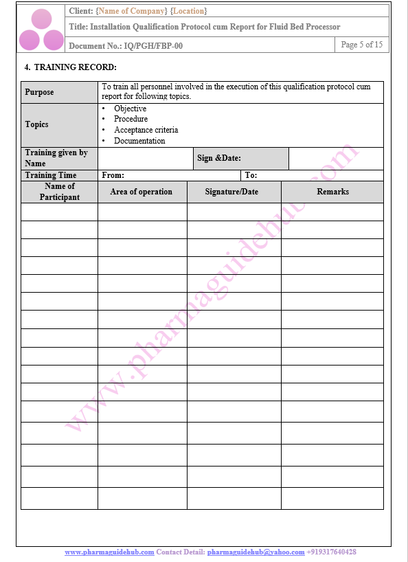 INSTALLATION QUALIFICATION PROTOCOL CUM REPORT FOR FLUID BED PROCESSOR