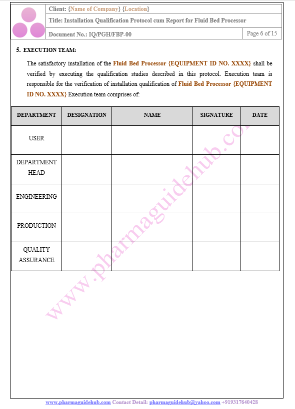 INSTALLATION QUALIFICATION PROTOCOL CUM REPORT FOR FLUID BED PROCESSOR