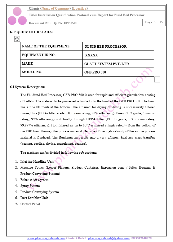 INSTALLATION QUALIFICATION PROTOCOL CUM REPORT FOR FLUID BED PROCESSOR