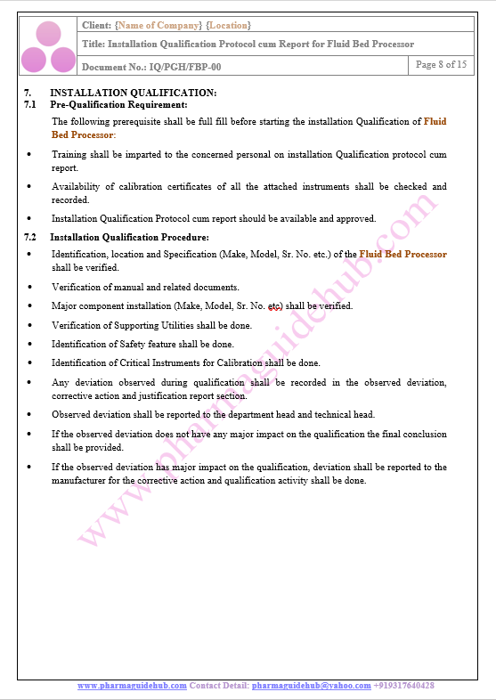 INSTALLATION QUALIFICATION PROTOCOL CUM REPORT FOR FLUID BED PROCESSOR