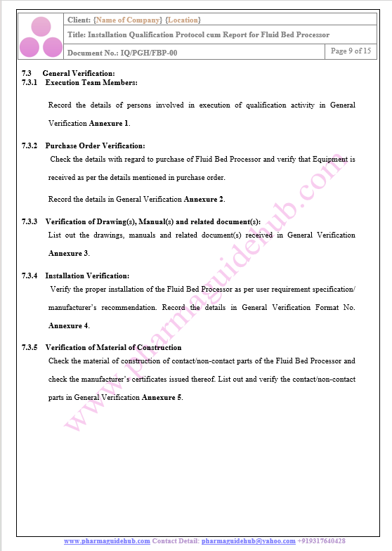 INSTALLATION QUALIFICATION PROTOCOL CUM REPORT FOR FLUID BED PROCESSOR