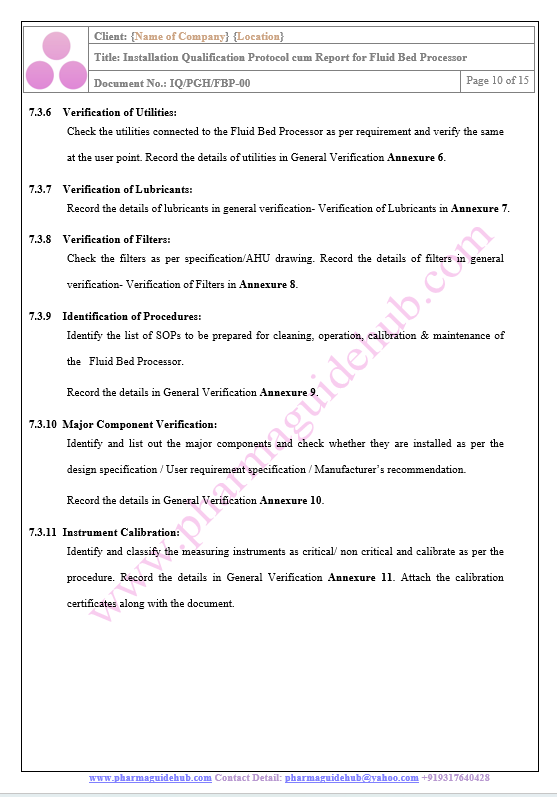 INSTALLATION QUALIFICATION PROTOCOL CUM REPORT FOR FLUID BED PROCESSOR