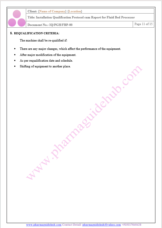 INSTALLATION QUALIFICATION PROTOCOL CUM REPORT FOR FLUID BED PROCESSOR