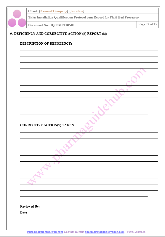 INSTALLATION QUALIFICATION PROTOCOL CUM REPORT FOR FLUID BED PROCESSOR