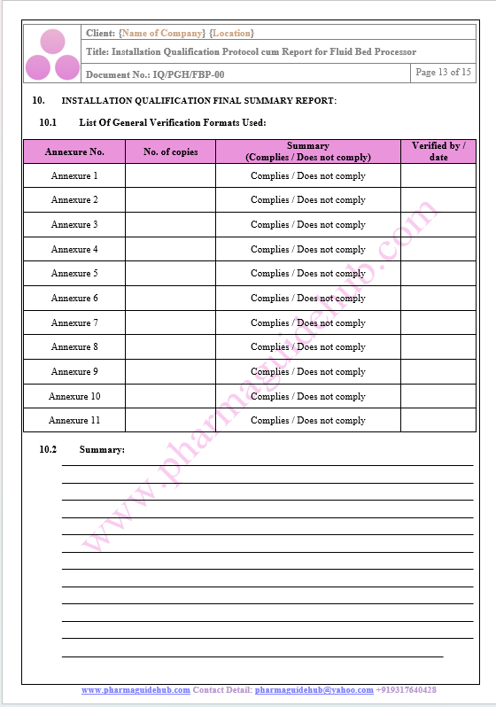 INSTALLATION QUALIFICATION PROTOCOL CUM REPORT FOR FLUID BED PROCESSOR