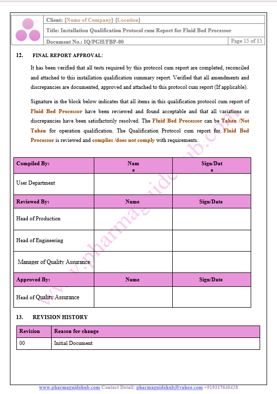 INSTALLATION QUALIFICATION PROTOCOL CUM REPORT FOR FLUID BED PROCESSOR