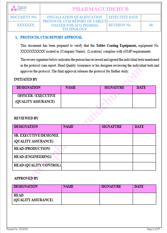 INSTALLATION QUALIFICATION PROTOCOL CUM REPORT OF TABLET COATER FOR ACG PHARMA TECHNOLOGY