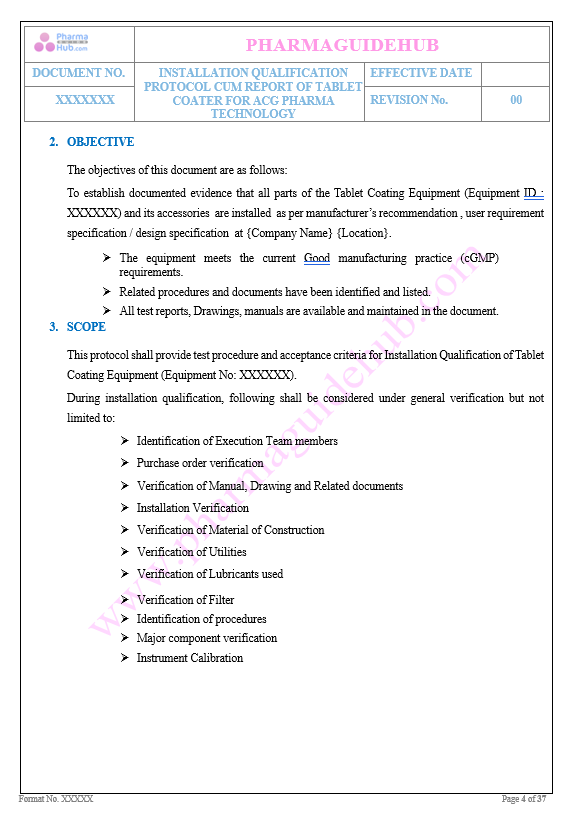 INSTALLATION QUALIFICATION PROTOCOL CUM REPORT OF TABLET COATER FOR ACG PHARMA TECHNOLOGY