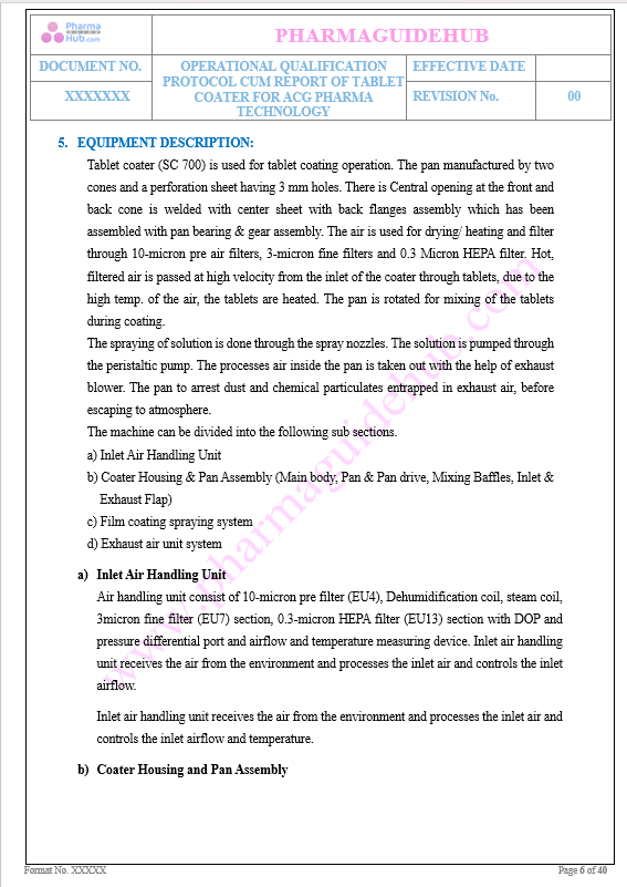 OPERATIONAL QUALIFICATION OF TABLET COATING MACHINE