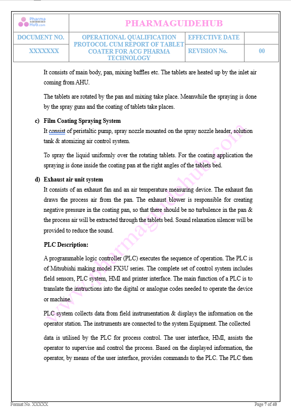 OPERATIONAL QUALIFICATION OF TABLET COATING MACHINE