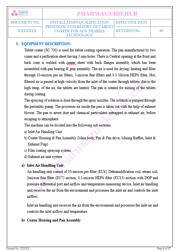 INSTALLATION QUALIFICATION PROTOCOL CUM REPORT OF TABLET COATER FOR ACG PHARMA TECHNOLOGY