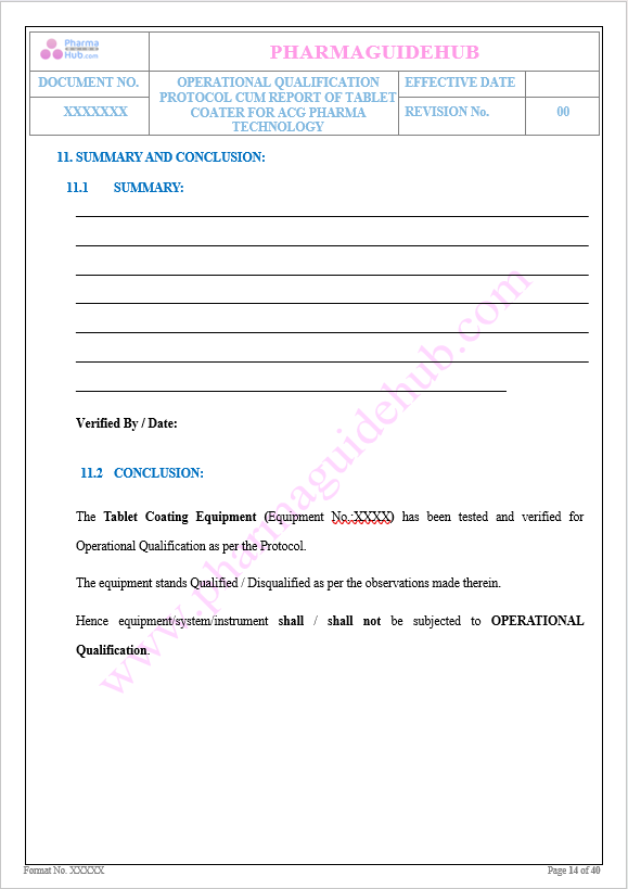 OPERATIONAL QUALIFICATION OF TABLET COATING MACHINE