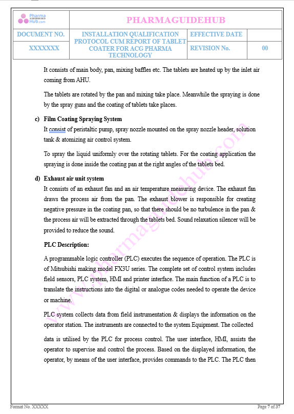 INSTALLATION QUALIFICATION PROTOCOL CUM REPORT OF TABLET COATER FOR ACG PHARMA TECHNOLOGY