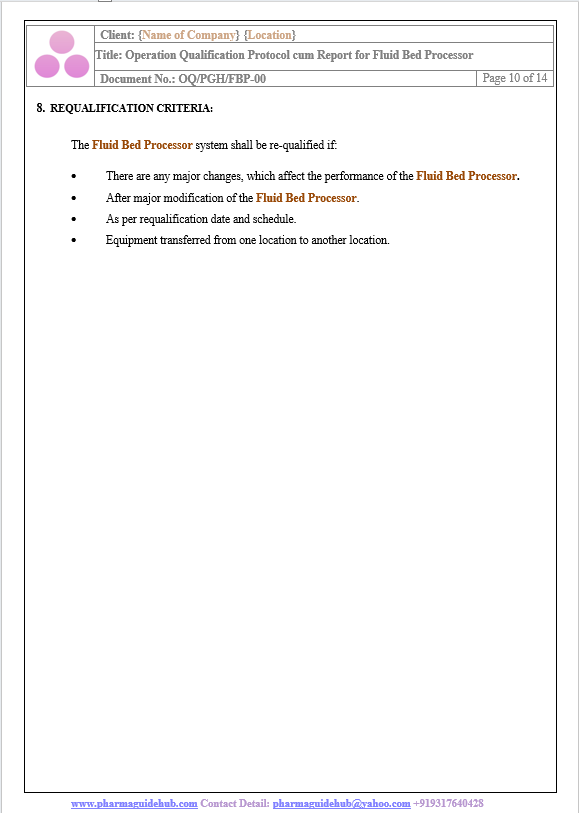 OPERATIONAL QUALIFICATION PROTOCOL CUM REPORT FOR FLUID BED PROCESSOR