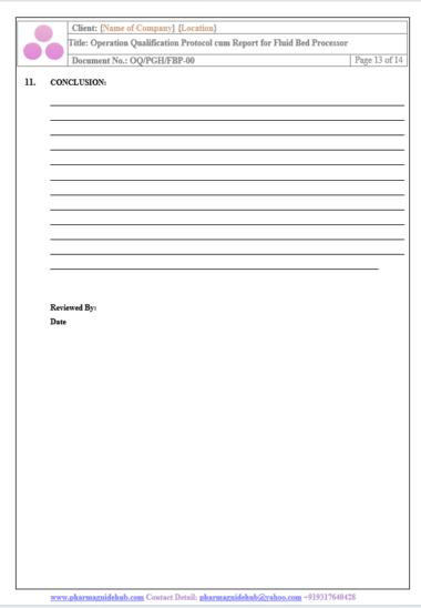 OPERATIONAL QUALIFICATION PROTOCOL CUM REPORT FOR FLUID BED PROCESSOR ...