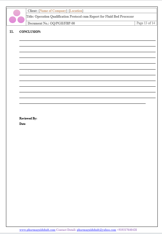 OPERATIONAL QUALIFICATION PROTOCOL CUM REPORT FOR FLUID BED PROCESSOR