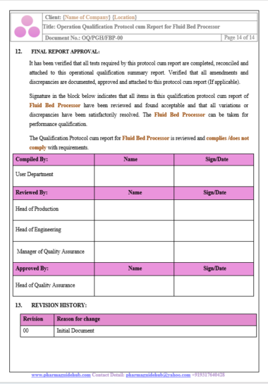 OPERATIONAL QUALIFICATION PROTOCOL CUM REPORT FOR FLUID BED PROCESSOR ...