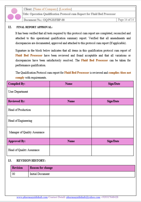 Operational Qualification Report.pdf OPERATIONAL QUALIFICATION PROTOCOL CUM REPORT FOR FLUID BED PROCESSOR ...
