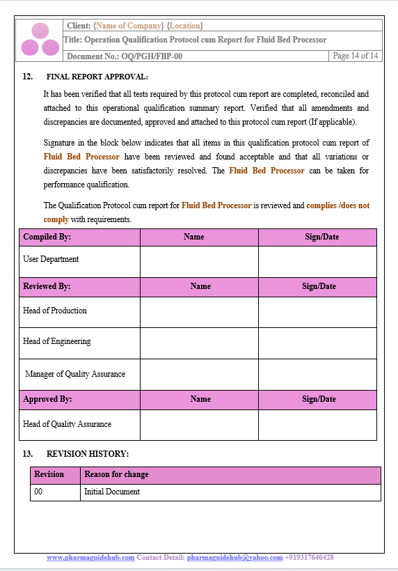 OPERATIONAL QUALIFICATION PROTOCOL CUM REPORT FOR FLUID BED PROCESSOR