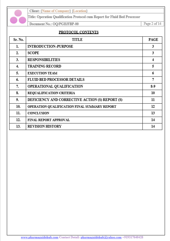 OPERATIONAL QUALIFICATION PROTOCOL CUM REPORT FOR FLUID BED PROCESSOR ...