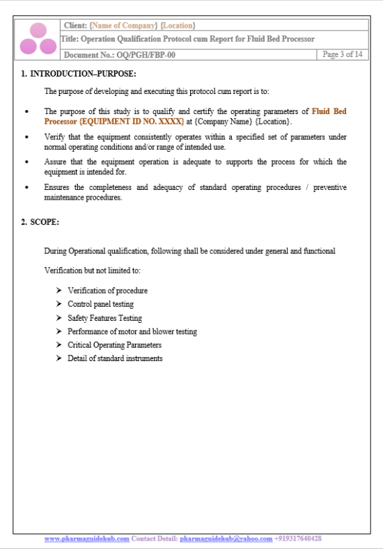 OPERATIONAL QUALIFICATION PROTOCOL CUM REPORT FOR FLUID BED PROCESSOR ...