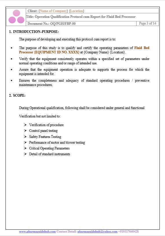 OPERATIONAL QUALIFICATION PROTOCOL CUM REPORT FOR FLUID BED PROCESSOR