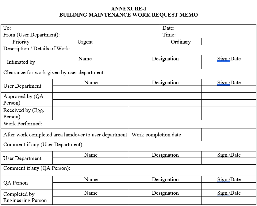 BUILDING MAINTENANCE WORK REQUEST MEMO