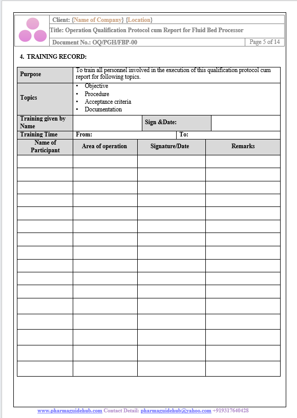 OPERATIONAL QUALIFICATION PROTOCOL CUM REPORT FOR FLUID BED PROCESSOR