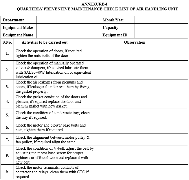 QUARTERLY PREVENTIVE MAINTENANCE CHECK LIST OF AIR HANDLING UNIT