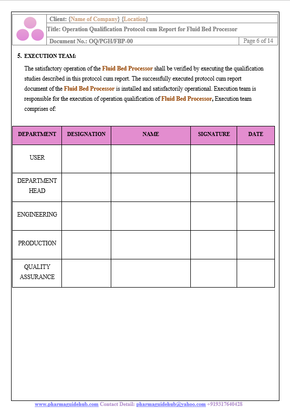 OPERATIONAL QUALIFICATION PROTOCOL CUM REPORT FOR FLUID BED PROCESSOR