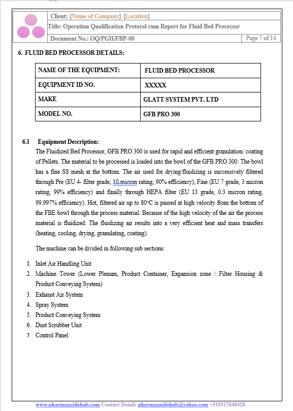 OPERATIONAL QUALIFICATION PROTOCOL CUM REPORT FOR FLUID BED PROCESSOR