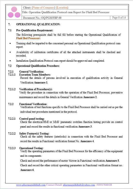 OPERATIONAL QUALIFICATION PROTOCOL CUM REPORT FOR FLUID BED PROCESSOR ...