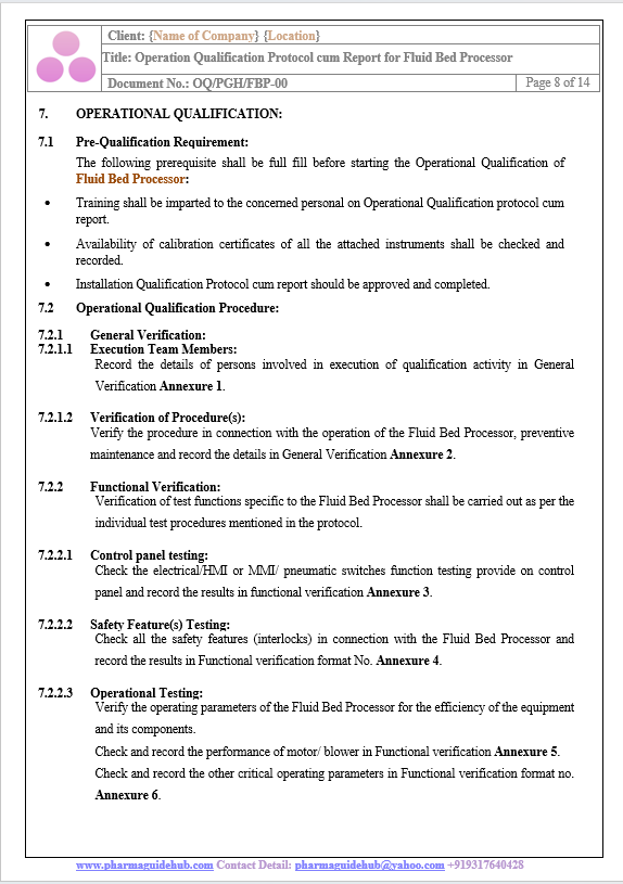 OPERATIONAL QUALIFICATION PROTOCOL CUM REPORT FOR FLUID BED PROCESSOR