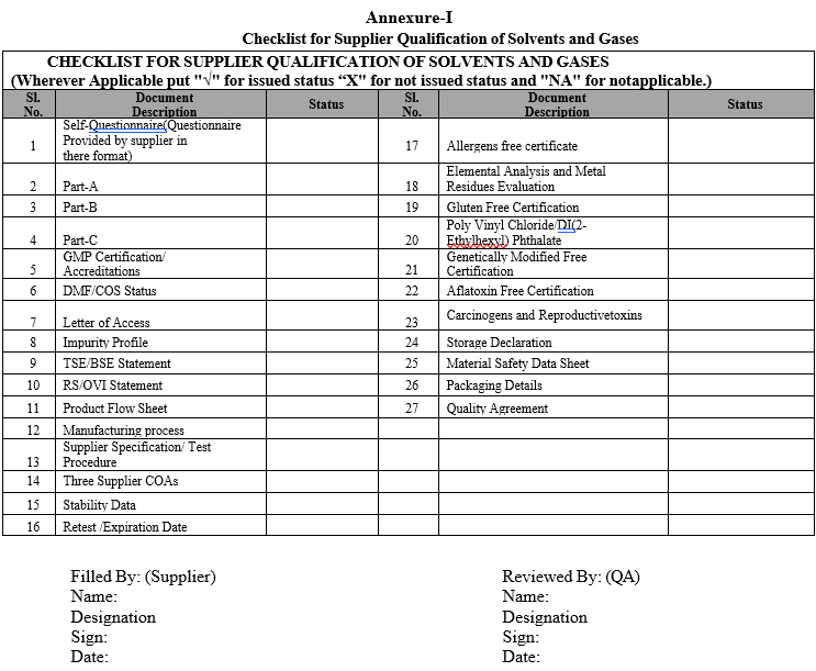 SUPPLIER QUALIFICATION PROGRAM FOR PHARMACEUTICAL AIDS, SOLVENTS AND GASES