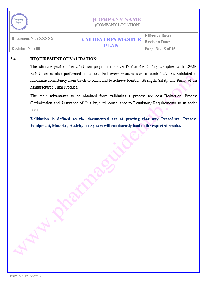 VALIDATION MASTER PLAN