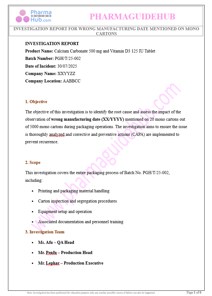 INVESTIGATION REPORT FOR WRONG MANUFACTURING DATE MENTIONED ON MONO CARTONS