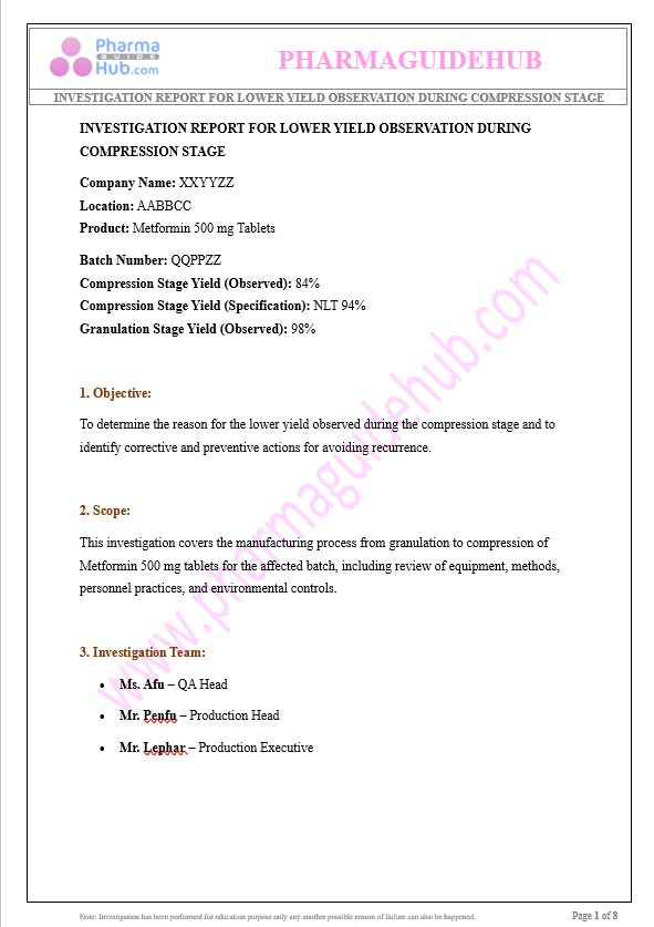 INVESTIGATION REPORT FOR LOWER YIELD AT COMPRESSION STAGE