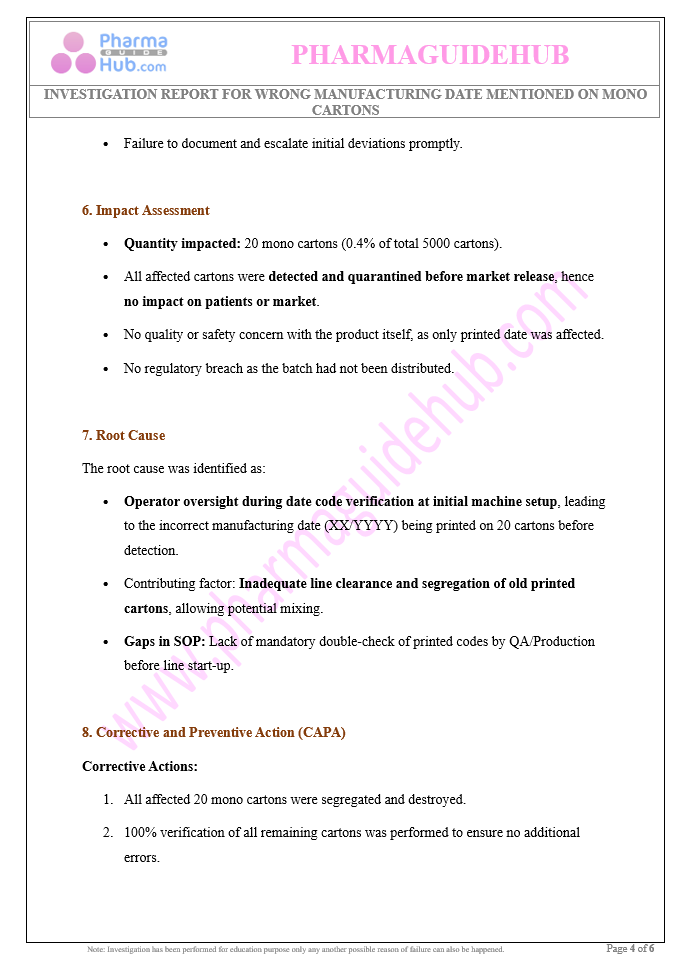 INVESTIGATION REPORT FOR WRONG MANUFACTURING DATE MENTIONED ON MONO CARTONS
