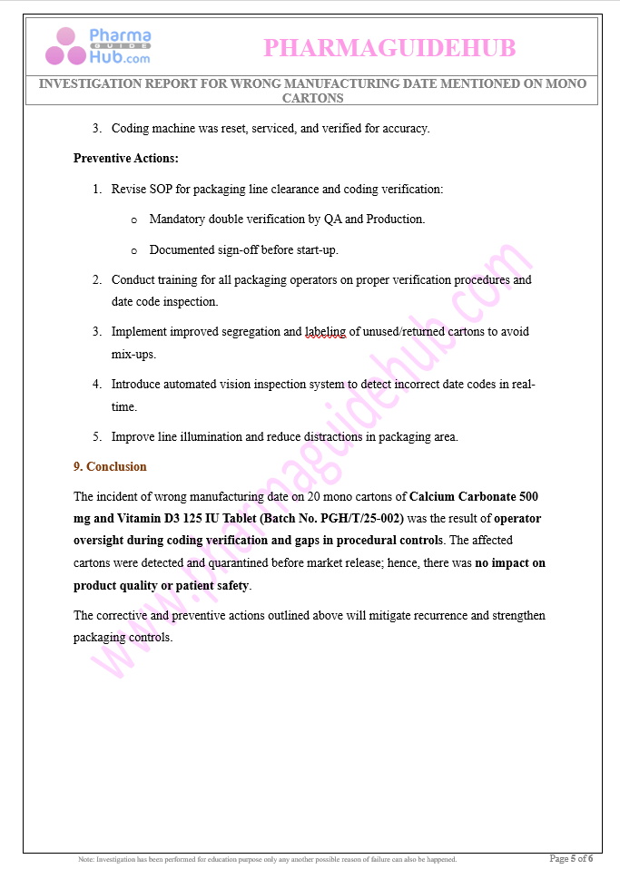 INVESTIGATION REPORT FOR WRONG MANUFACTURING DATE MENTIONED ON MONO CARTONS