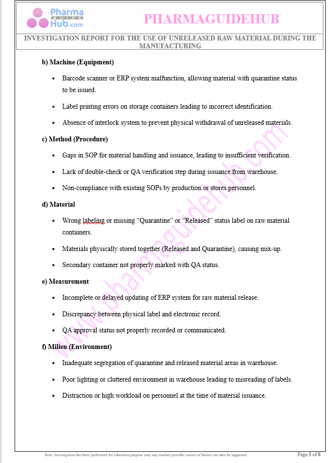 INVESTIGATION REPORT FOR THE USE OF UNRELEASED RAW MATERIAL DURING THE MANUFACTURING