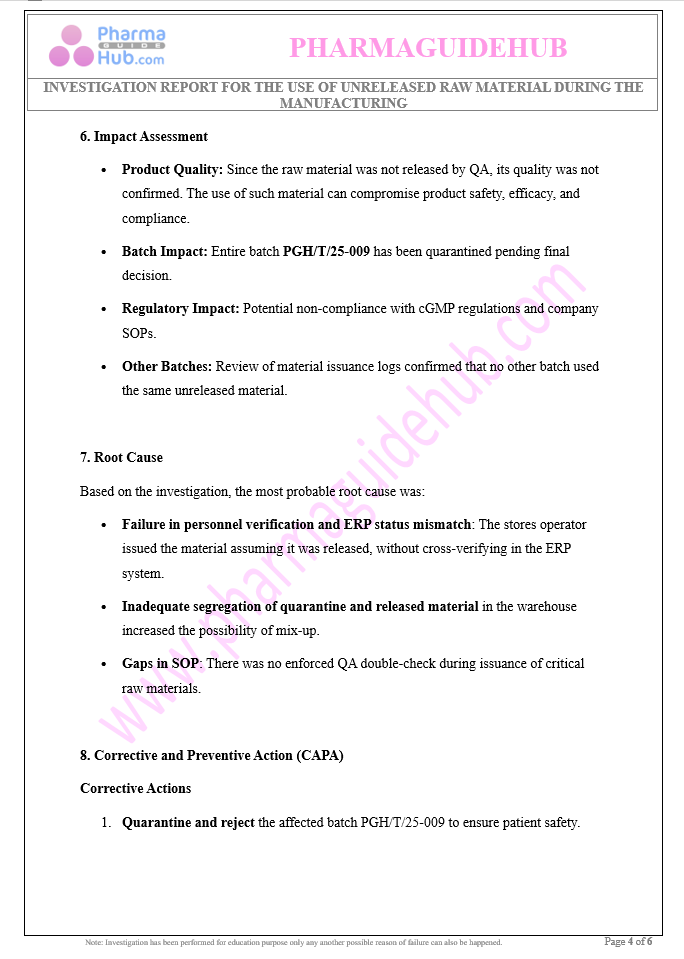 INVESTIGATION REPORT FOR THE USE OF UNRELEASED RAW MATERIAL DURING THE MANUFACTURING