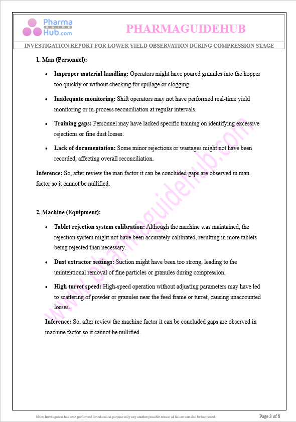 INVESTIGATION REPORT FOR LOWER YIELD AT COMPRESSION STAGE