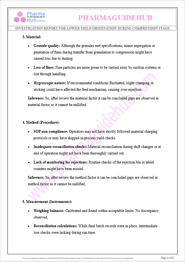 INVESTIGATION REPORT FOR LOWER YIELD AT COMPRESSION STAGE
