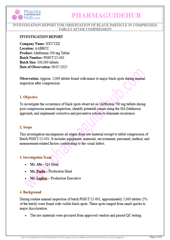 INVESTIGATION REPORT FOR THE OBSERVATION OF BLACK PARTICLE IN COMPRESSED TABLET AFTER COMPRESSION