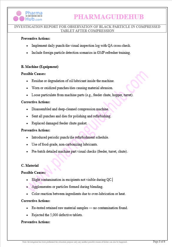 INVESTIGATION REPORT FOR THE OBSERVATION OF BLACK PARTICLE IN COMPRESSED TABLET AFTER COMPRESSION