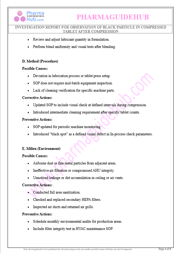 INVESTIGATION REPORT FOR THE OBSERVATION OF BLACK PARTICLE IN COMPRESSED TABLET AFTER COMPRESSION