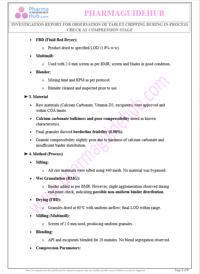 Investigation Report for Tablet Chipping During In-Process Check at Compression Stage