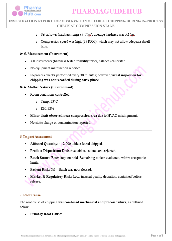 Investigation Report for Tablet Chipping During In-Process Check at Compression Stage