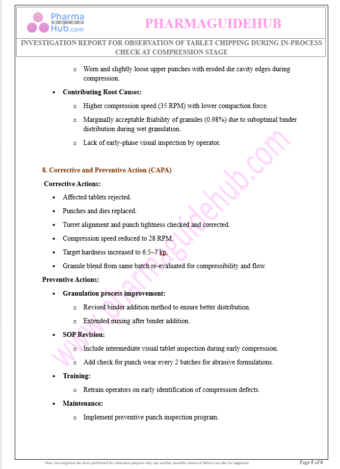 Investigation Report for Tablet Chipping During In-Process Check at Compression Stage